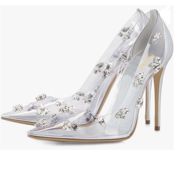 Pazzion Silver Sparkly Rhinestones Pointed Toe Slim High Heel Pumps Crystal Shoe - Picture 1 of 8